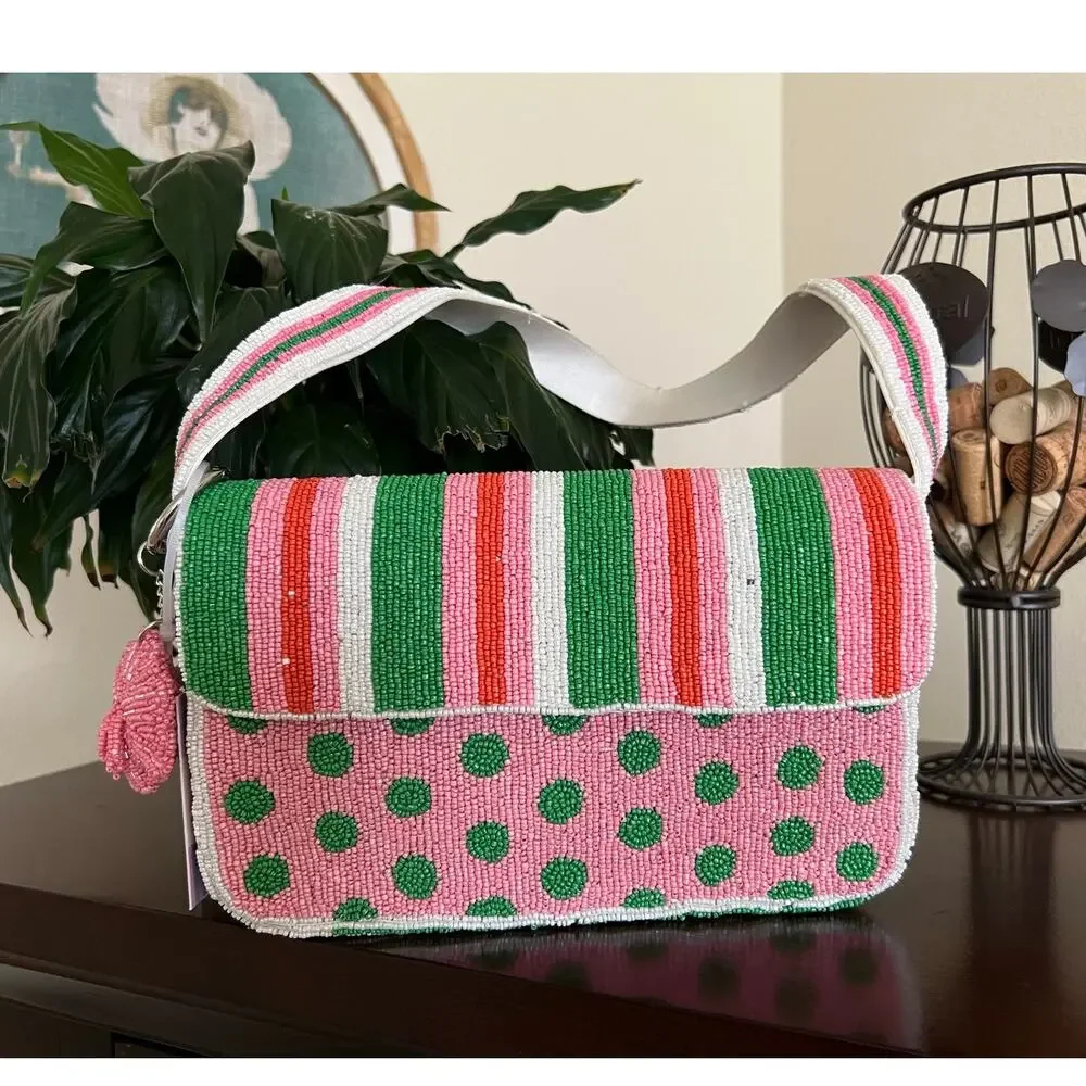 NWT Handcrafted India Beaded Purse Pink Green Striped Artsy Charm Shoulder Bag